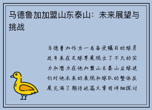 马德鲁加加盟山东泰山:未来展望与挑战 马德鲁加加盟山东泰山:未来展望与挑战